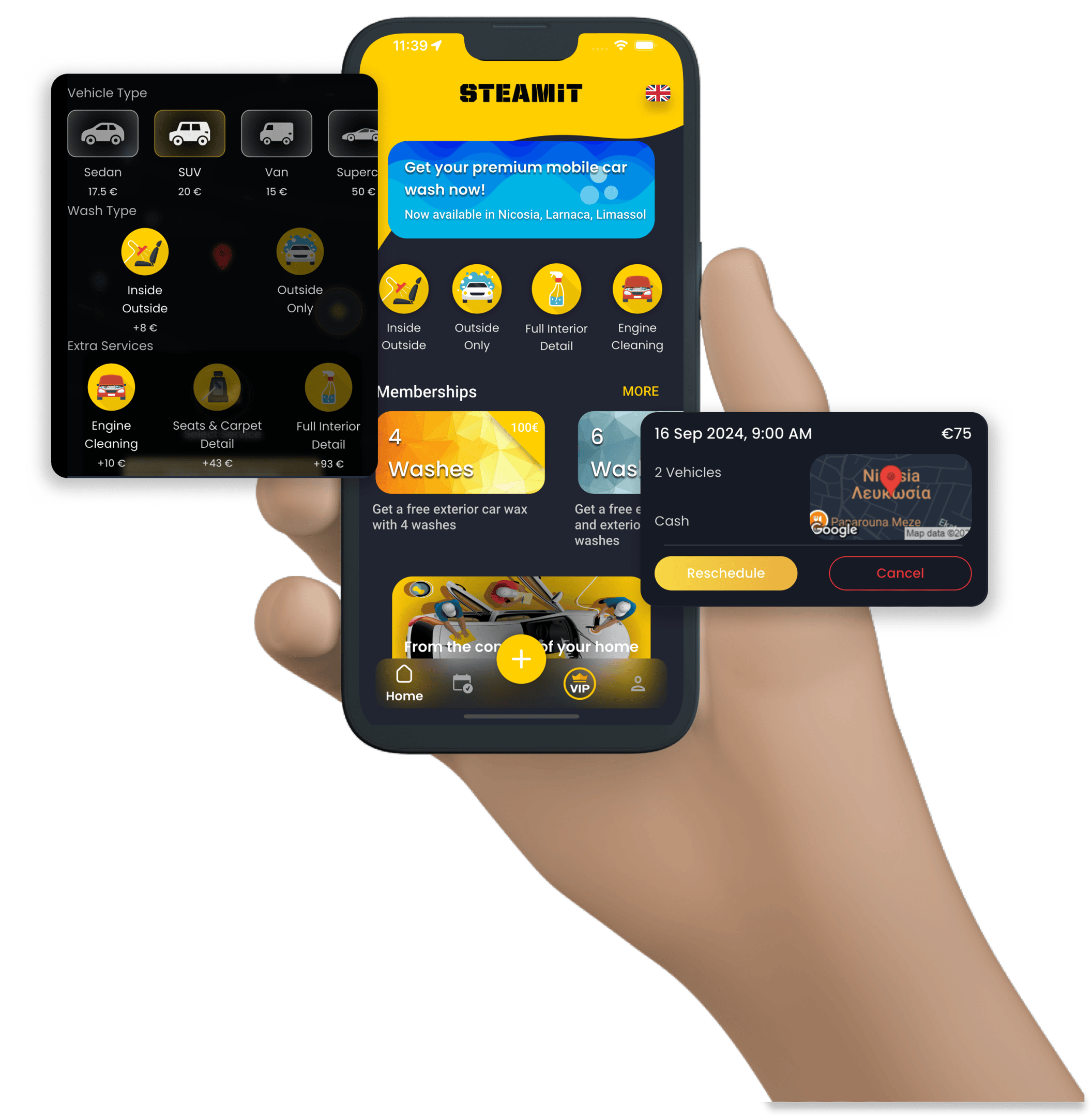 Steamit app showing wash customisation, memberships and booking management